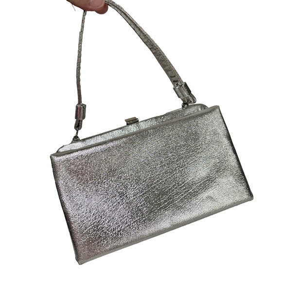 Vintage Silver Metallic Evening Bag Mid Century Top Handle Dressy Event Purse - Picture 8 of 10